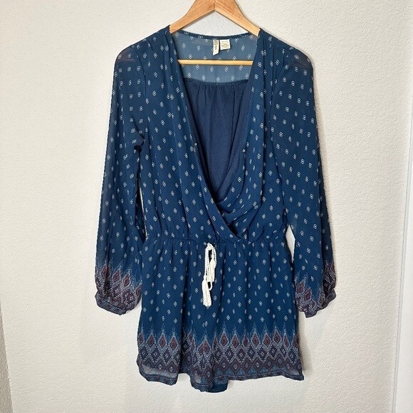 Japna Navy Blue Boho V-Neck Sheer Sleeve Shorts Romper - Size Large - EUC - Picture 1 of 7